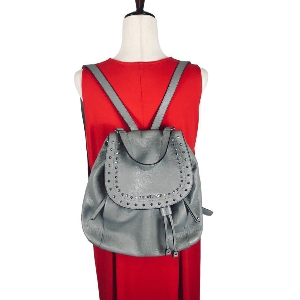 Michael Kors Riley rhinestone studded gray pebble drawstring leather backpack‎